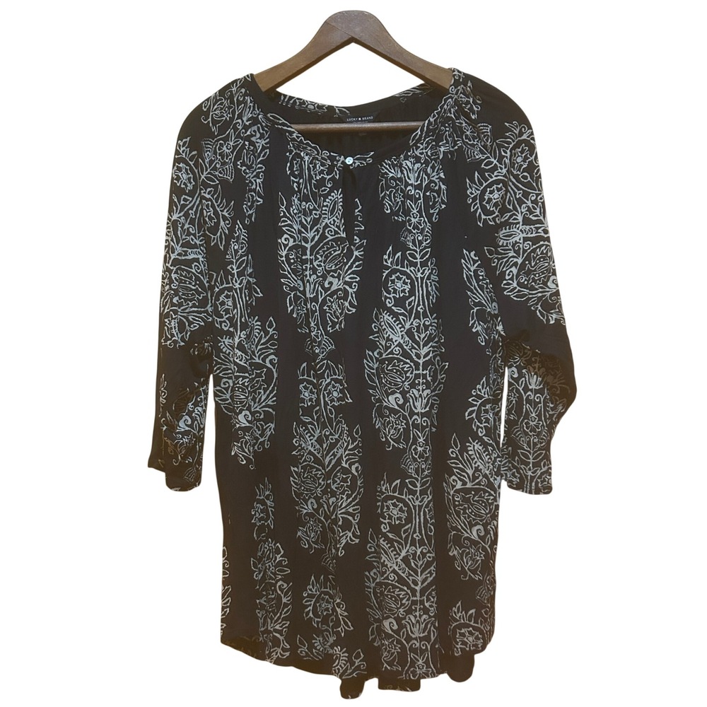 Lucky‎ Brand Tunic Top Womens 3X Black Tan Print Keyhole Neckline Boho Peasant